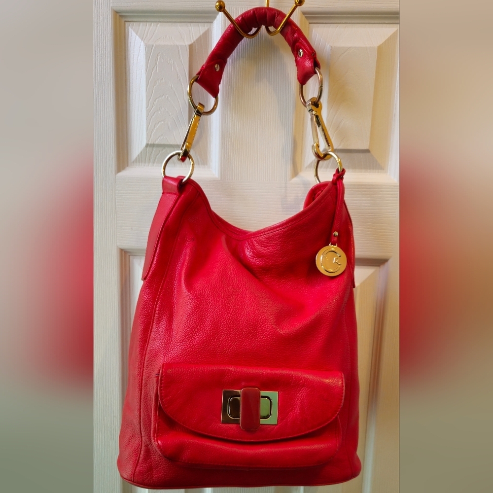 Cynthia Rowley Soft Leather Vibrant Red Hobo Shoulder Bag w/Turn-Lock Accent